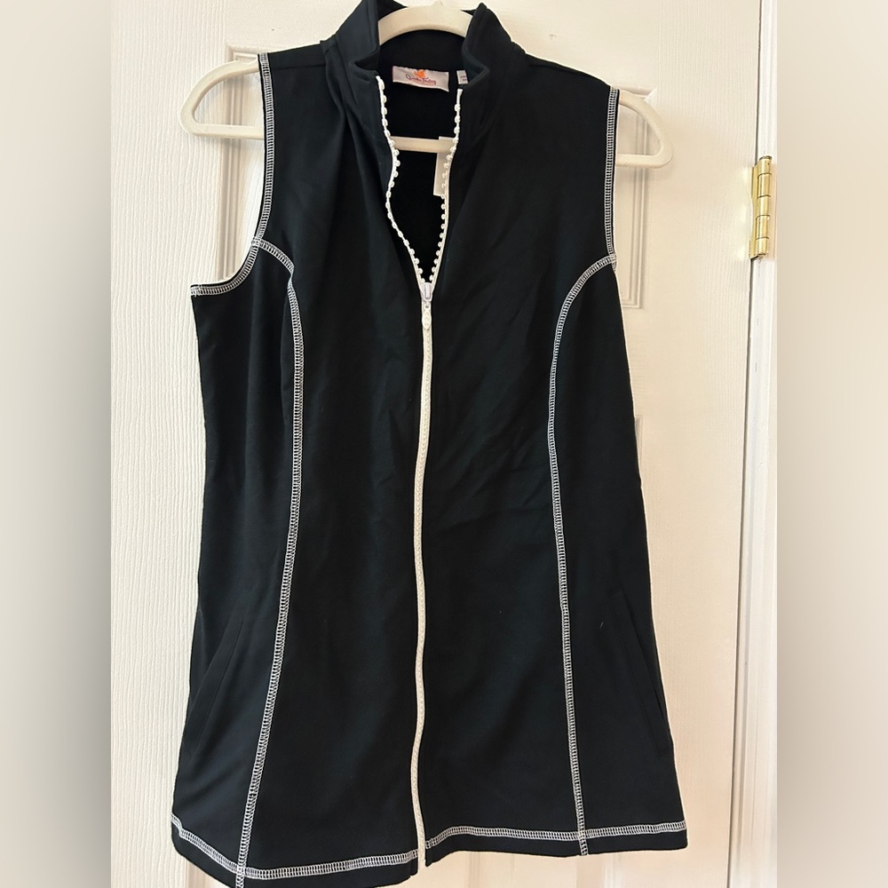 Quacker Factory French Terry full zip vest in black white rhinestone zipper S